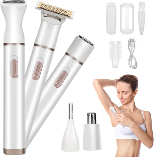 Ladies Body Hair Groomer,Women'S Electric 5 in 1 Dry & Wet Cordless Waterproof Facial Removal Painless Gentle Grooming Bikini Trimmers for Female White