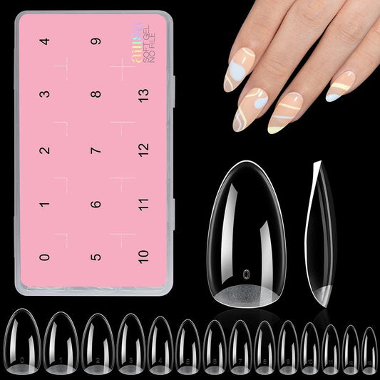 Aillsa 2.0 Upgraded Soft Gel Nail Tips - Built-In C-Curve Medium Almond/Square/Coffin Full Cover Nail Extensions Thicker Gel X Acrylic Nails Tips Clear 140Pcs/168Pcs/224Pcs Pre-Sculpted Press-On Nails False Nails for Flat Nails Gel X Nails