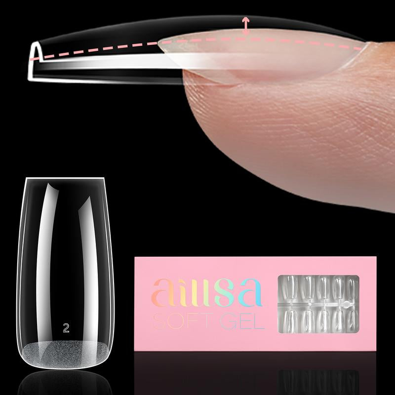 Aillsa 2.0 Upgraded Soft Gel Nail Tips - Built-In C-Curve Medium Almond/Square/Coffin Full Cover Nail Extensions Thicker Gel X Acrylic Nails Tips Clear 140Pcs/168Pcs/224Pcs Pre-Sculpted Press-On Nails False Nails for Flat Nails Gel X Nails