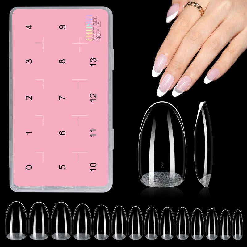 Aillsa 2.0 Upgraded Soft Gel Nail Tips - Built-In C-Curve Medium Almond/Square/Coffin Full Cover Nail Extensions Thicker Gel X Acrylic Nails Tips Clear 140Pcs/168Pcs/224Pcs Pre-Sculpted Press-On Nails False Nails for Flat Nails Gel X Nails