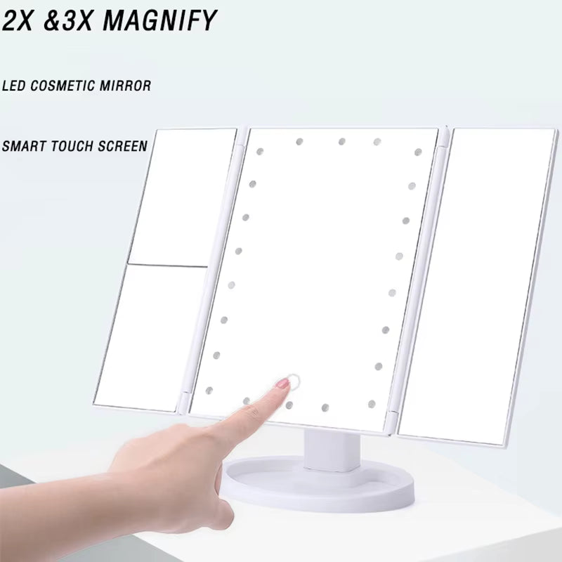 2X 3X Magnification Makeup Mirror Triple Told 22LED Lampstand Vanity Mirror Supports USB and Dry Battery Charging Square Mirror