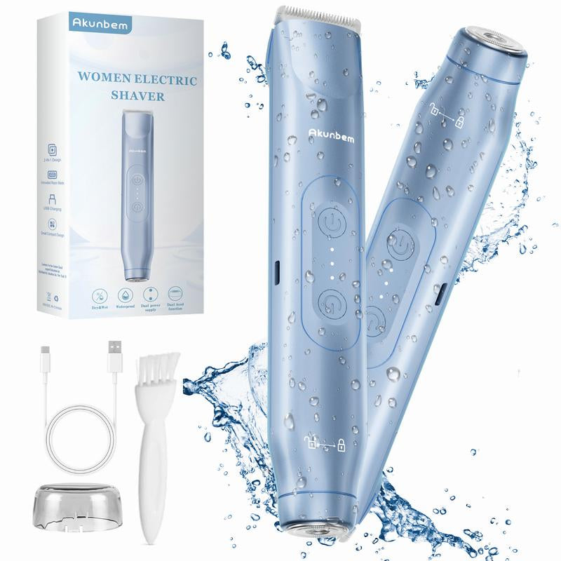 Akunbem Bikini Trimmer for Women, Electric Shaver and Razor Rechargeable 2-In-1 Body and Facial Hair Removal Double Head for Painless Trimming of Pubic Face Underarm Legs, IPX7 Waterproof,Blue