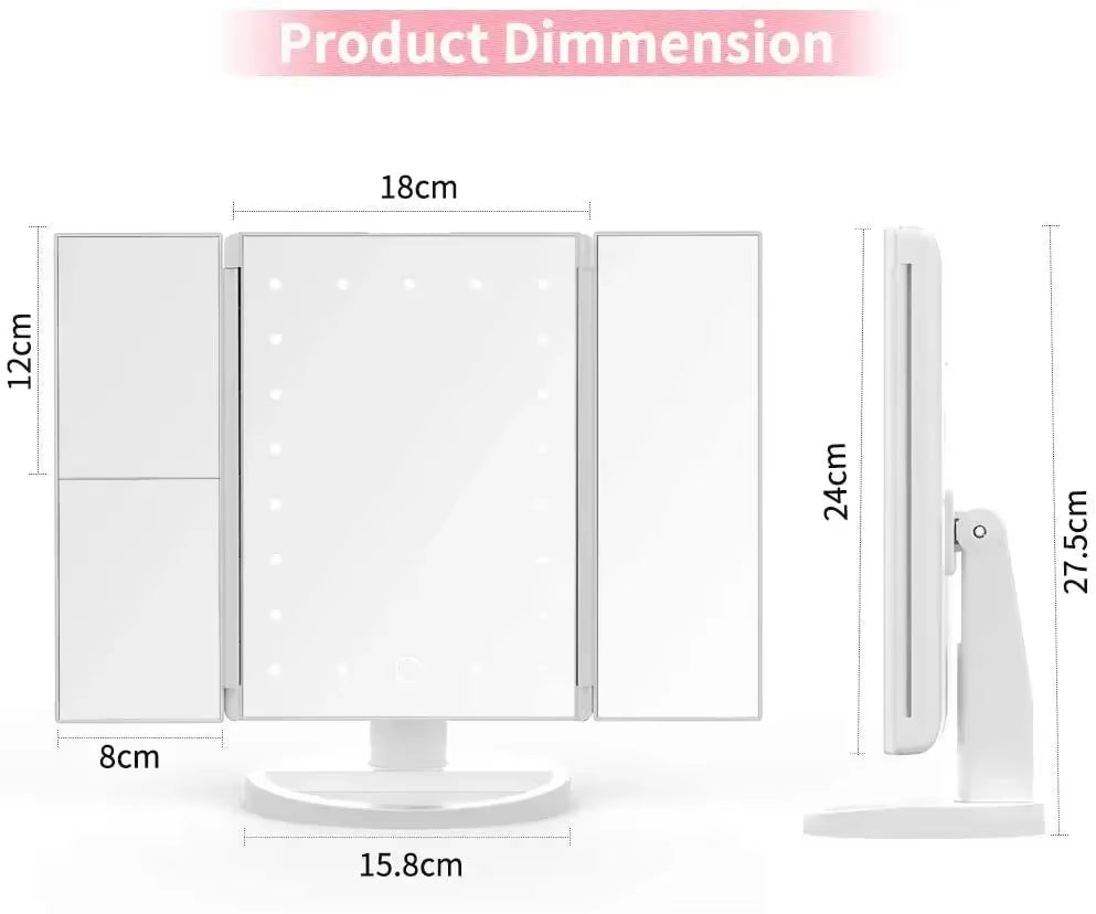 2X 3X Magnification Makeup Mirror Triple Told 22LED Lampstand Vanity Mirror Supports USB and Dry Battery Charging Square Mirror