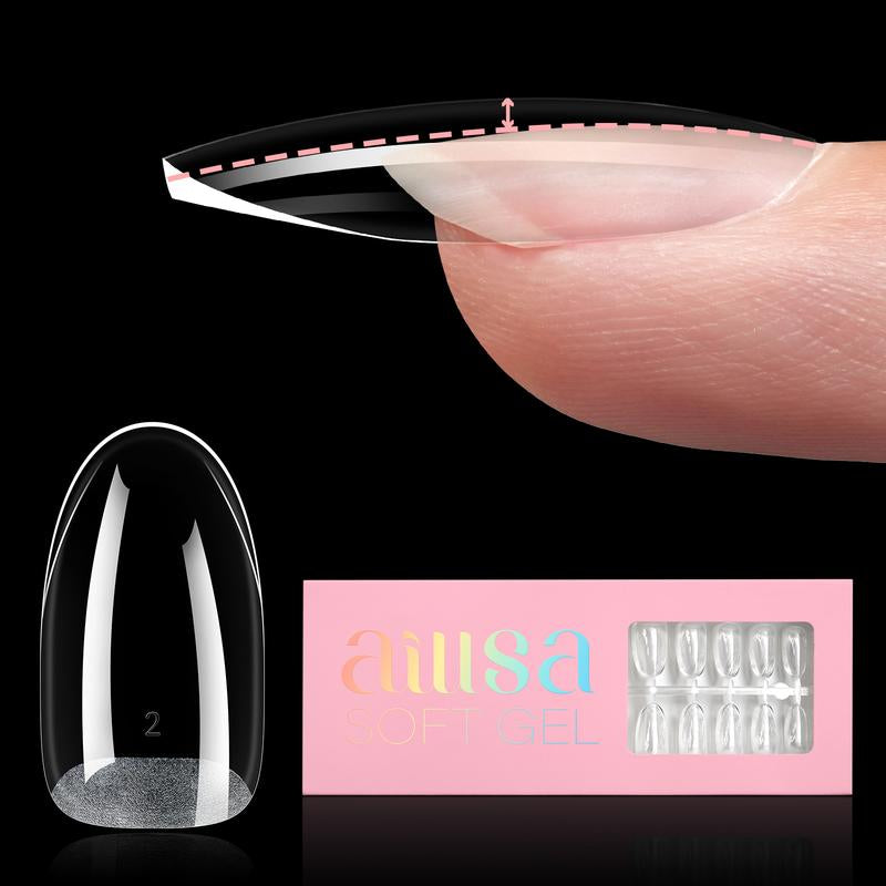 Aillsa 2.0 Upgraded Soft Gel Nail Tips - Built-In C-Curve Medium Almond/Square/Coffin Full Cover Nail Extensions Thicker Gel X Acrylic Nails Tips Clear 140Pcs/168Pcs/224Pcs Pre-Sculpted Press-On Nails False Nails for Flat Nails Gel X Nails