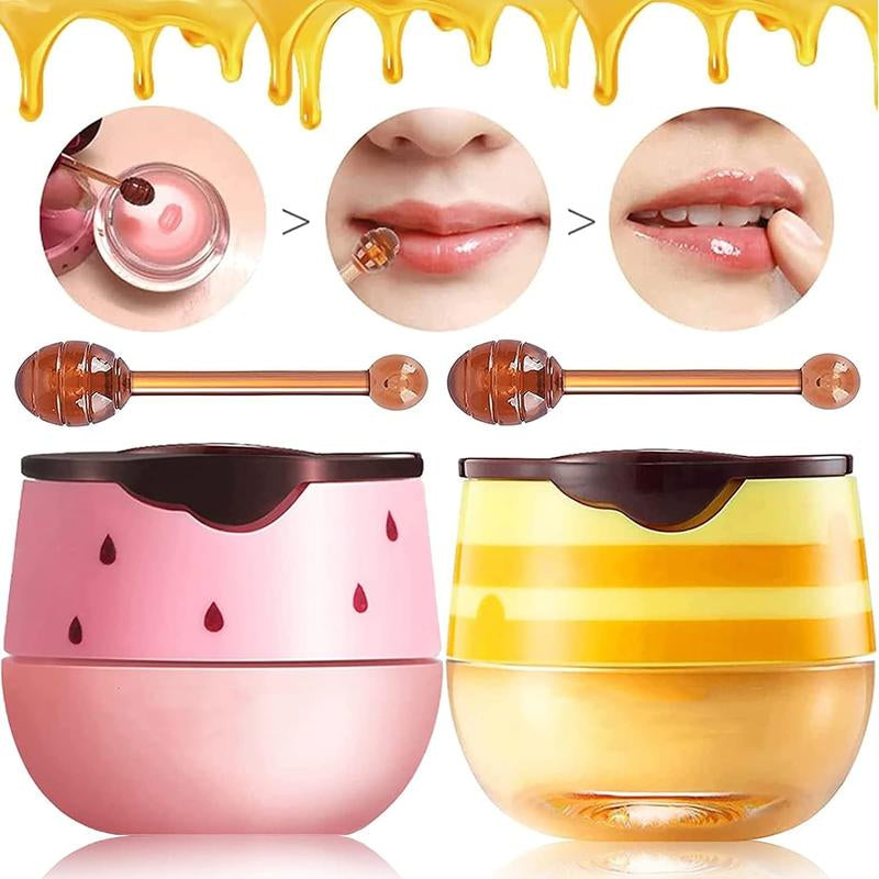 2 Counts Honey+Strawberry Bee Balm Lip Mask,Propolis Hydrate Lip Mask for Day&Night Lip Care,Skincare Holiday Gift for Girls Honey Jar Evening Repair Honey Lip