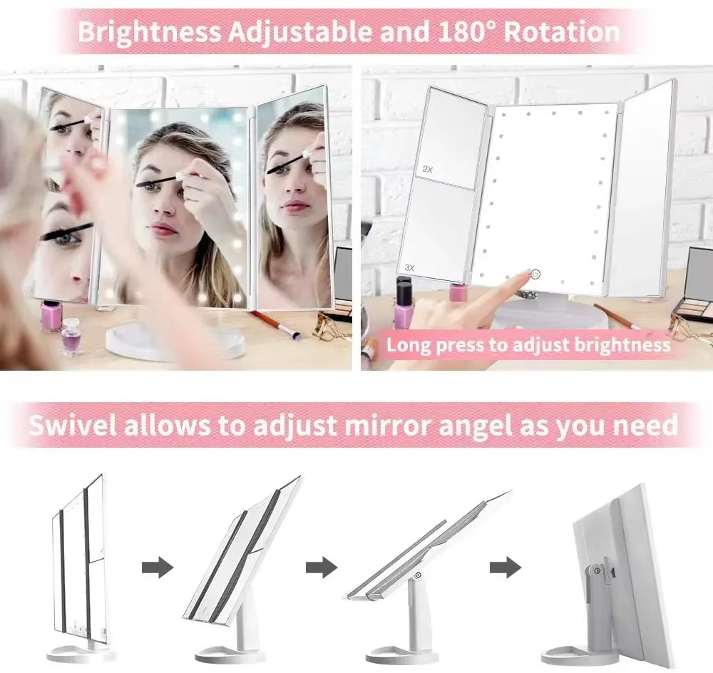 2X 3X Magnification Makeup Mirror Triple Told 22LED Lampstand Vanity Mirror Supports USB and Dry Battery Charging Square Mirror