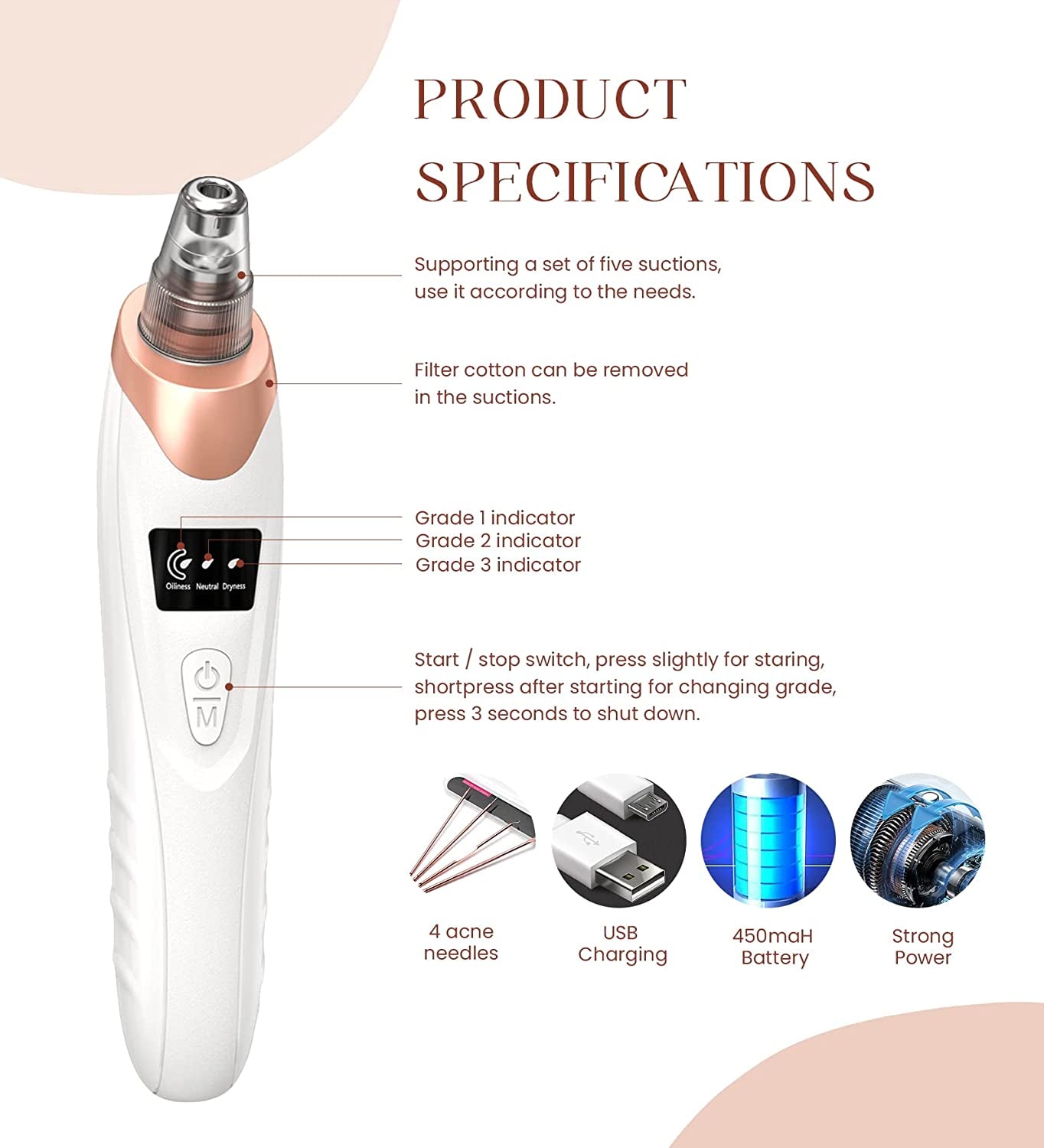 2025 Blackhead Remover Pore Vacuum,Facial Pore Cleaner-5 Suction Power,5 Probes,Usb Rechargeable Blackhead Vacuum Kit Electric Acne Extractor Tool for Adult (White)