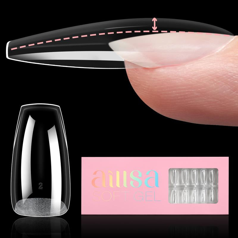 Aillsa 2.0 Upgraded Soft Gel Nail Tips - Built-In C-Curve Medium Almond/Square/Coffin Full Cover Nail Extensions Thicker Gel X Acrylic Nails Tips Clear 140Pcs/168Pcs/224Pcs Pre-Sculpted Press-On Nails False Nails for Flat Nails Gel X Nails