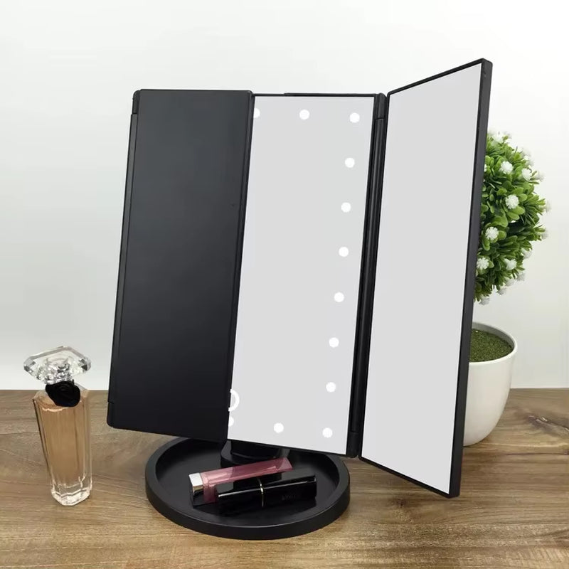 2X 3X Magnification Makeup Mirror Triple Told 22LED Lampstand Vanity Mirror Supports USB and Dry Battery Charging Square Mirror