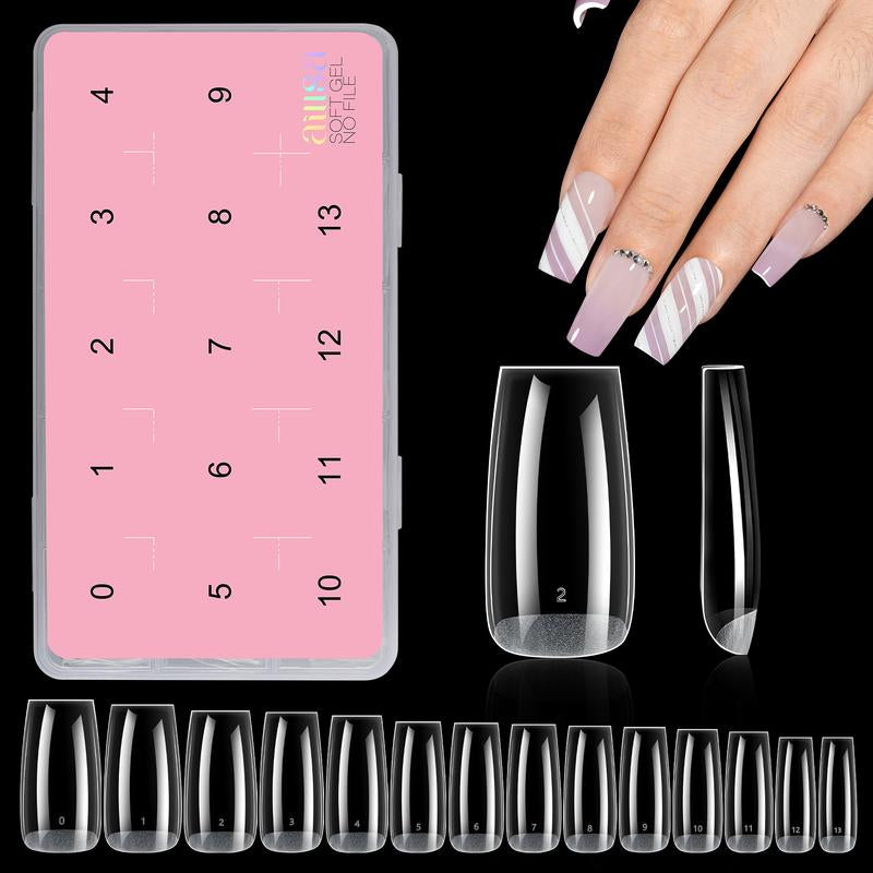 Aillsa 2.0 Upgraded Soft Gel Nail Tips - Built-In C-Curve Medium Almond/Square/Coffin Full Cover Nail Extensions Thicker Gel X Acrylic Nails Tips Clear 140Pcs/168Pcs/224Pcs Pre-Sculpted Press-On Nails False Nails for Flat Nails Gel X Nails